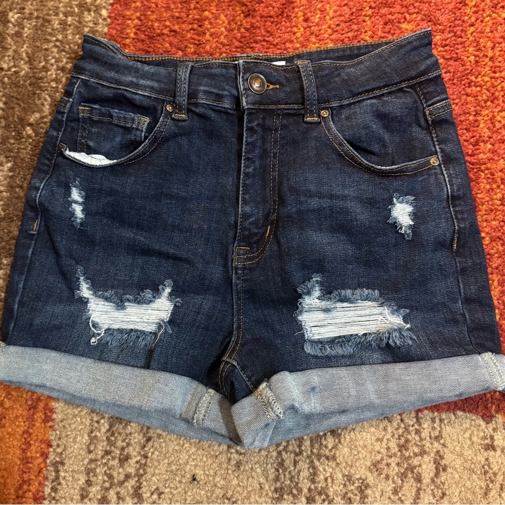 Dark Wash Distressed Denim Shorts